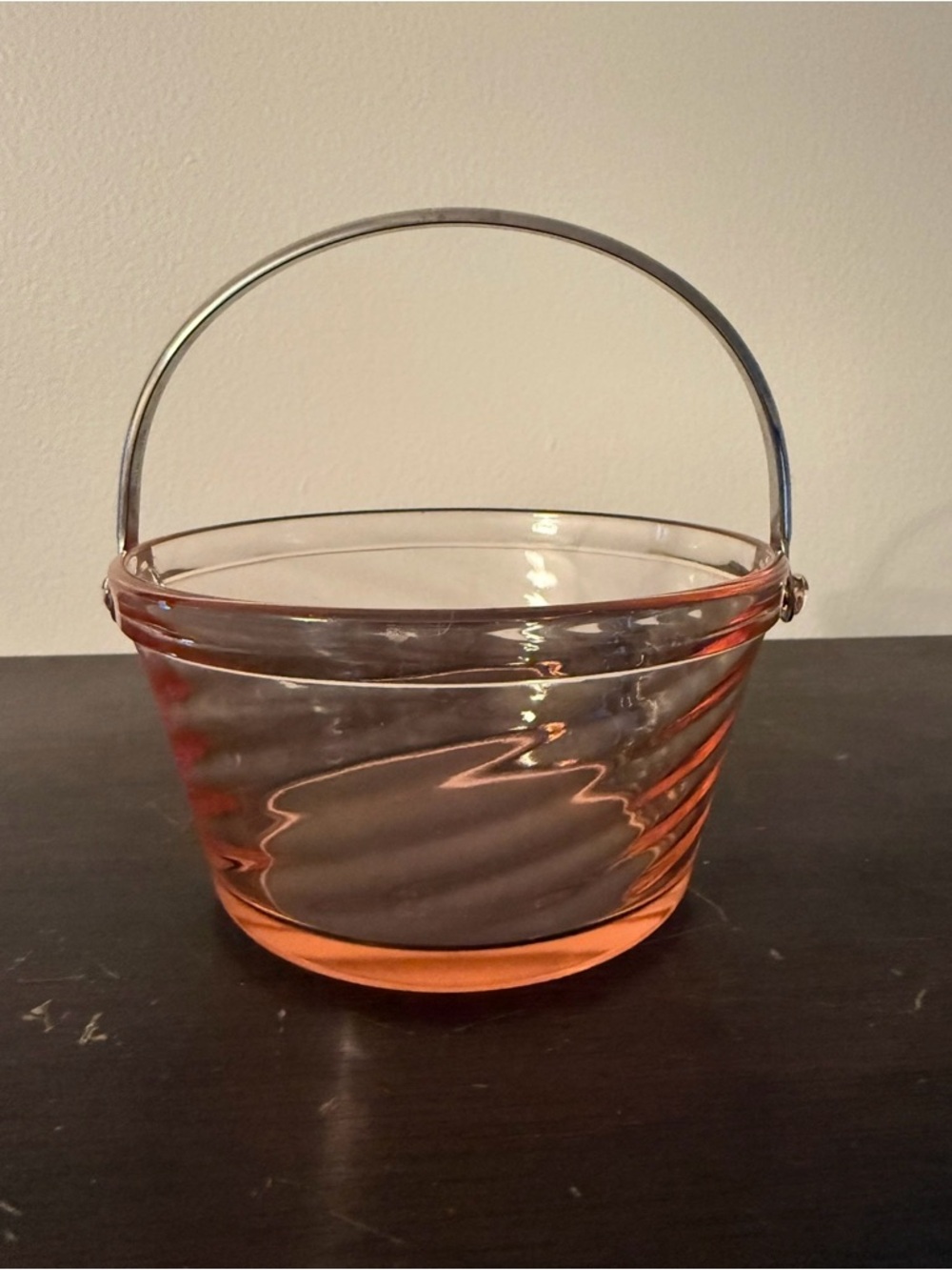 Vtg Fostoria Glass Pink 2378 Spiral Optic Whipped Cream Pail With Chrome Handle